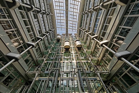 Atrium with three panoramic lifts, interior lift, Ludwig-Erhard-Haus, abbreviated LEH,