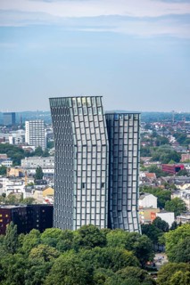 View over the city from the tower of St Michael's Church, Tanzende Türme skyscraper, St Pauli,