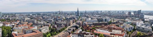 Panorama, city view, view over the city with church towers, town hall tower and Elbphilharmonie,