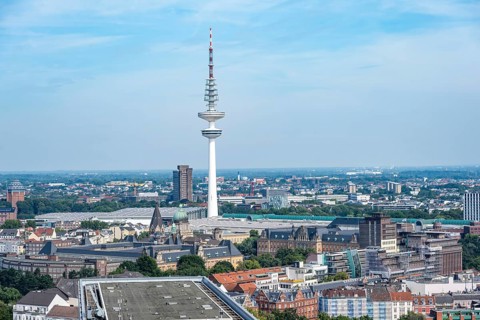 City view, view of television tower, from the tower of St Michael's Church, Hamburg, Germany