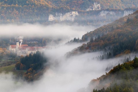 View of Benedictine monastery Beuron, Archabbey of St. Martin, limestone rock, rock face, mixed