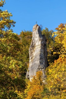 Rock needle mixed forest in autumn colours, limestone rock, autumn, Gutenstein, Danube valley,