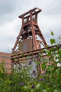Double trestle headframe, Shaft XII, lilacs in bloom in the foreground, Zollverein Coal Mine