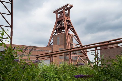 Double trestle headframe, Shaft XII, lilacs in bloom in the foreground, Zollverein Coal Mine