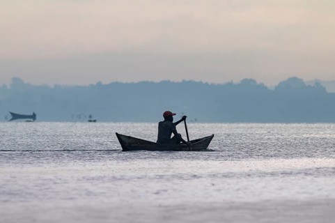 Fisherman in a rowing boat, silhouette, morning mood, Mabamba Swamp, Lake Victoria, Uganda