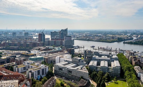 City view, view of the Elbe with Elbphilharmonie, from the tower of St Michael's Church, Hamburg,