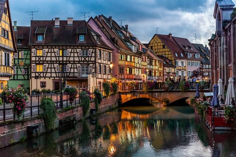 Evening atmosphere in Petite Venise in the old town of Colmar, France