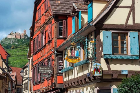 Historic town view with St Ulrich's Castle and half-timbered houses in Ribeauvillè