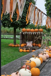 Autumnal decoration with pumpkins, colourful ribbon and candles on a wooden table in a green