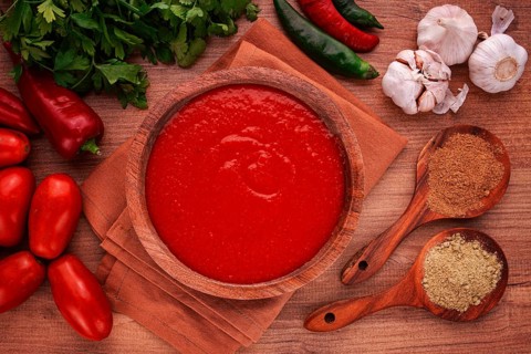 Georgian sauce, Satsebeli sauce, tomato and sweet pepper sauce, with spices, in a wooden bowl,