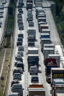 Traffic jam on the A3 motorway between the Hilden junction and the Mettmann junction, view to the