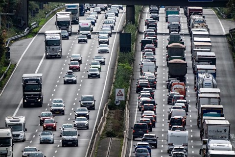 Traffic jam on the A3 motorway between the Hilden junction and the Mettmann junction, view to the