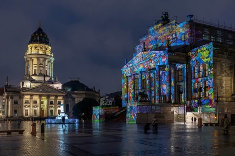 Concert hall Berlin, Gendarmenmarkt, art action The Hands of Berlin, . BERLIN FESTIVAL OF LIGHTS,