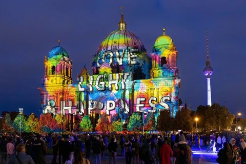 Berlin Cathedral with television tower, 21st BERLIN FESTIVAL OF LIGHTS, motto Let's Shine Together,