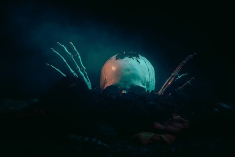 A skull with skeletonised hands bursts out of the earth in the moonlight, Halloween