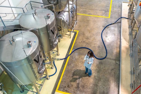 Woman scientist in a white lab coat monitoring stainless steel fermentation tanks in a modern