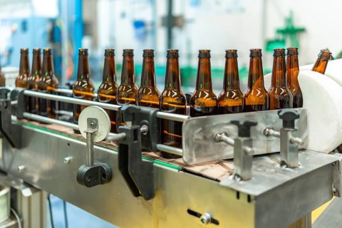 Empty glass beer bottles traveling on a stainless steel conveyor belt within a modern brewing