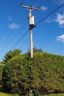 Electricity transformer, high voltage transmission wires, internet, telephone cables attached to