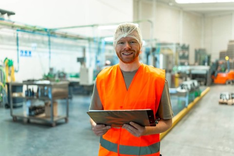 Male worker with a beard, wearing a reflective safety vest and hairnet, is confidently smiling at