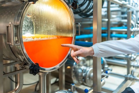 Brewery worker checking the vibrant orange liquid inside a stainless steel fermentation tank with a