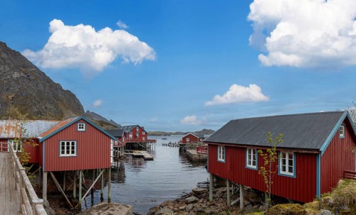 Scenic fishing village A in Lofoten Islands with authentic fishermen sheds and museum