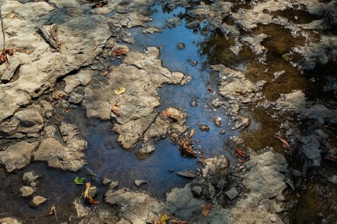 Accidental spilled oil in puddle of water in dried out flat rock river bed due to lack of rainfall