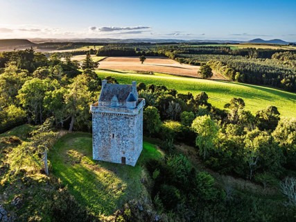 Fatlips Castle from a drone, Minto Crags, River Teviot, Roxburghshire, Scottish Borders, Scotland,