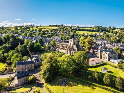 Jedburgh Abbey from a drone, Augustinian Abbey, Jedburgh, Scottish Borders, Scotland, UK