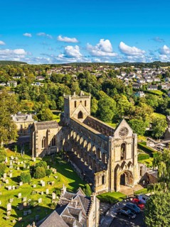 Jedburgh Abbey from a drone, Augustinian Abbey, Jedburgh, Scottish Borders, Scotland, UK
