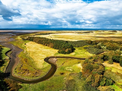 Marshes over Aberlady Bay and Peffer Burn from a drone, Luffness Castle, Aberlady, East Lothian,