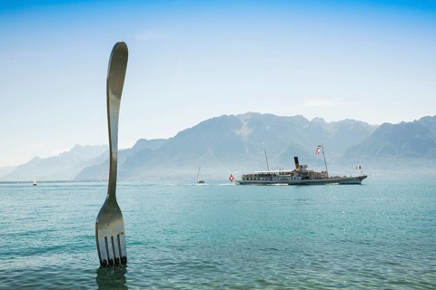 La Fourchette, the fork, sculpture by Jean-Pierre Zaugg, Vevey, Lake Geneva, Lac Léman, Canton of