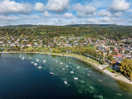 Aerial view of the village of Wangen on the Höri peninsula with boat moorings on the lakeshore,
