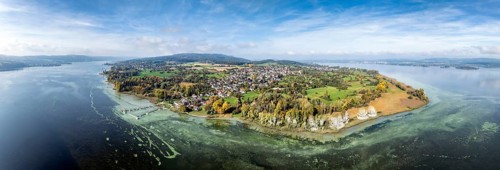 Aerial view, panorama of the Höri peninsula with the headland, called Hornspitze, nature reserve,
