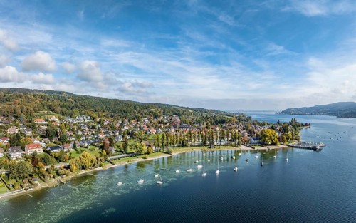 Aerial view, panorama of the village of Wangen on the Höri peninsula with boat moorings and jetty