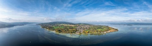 Aerial view, panorama of the Höri peninsula with the headland, called Hornspitze, nature reserve,
