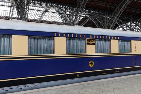 Riveted iron framework in the main railway station, historic train of the Deutsche Reichsbahn,