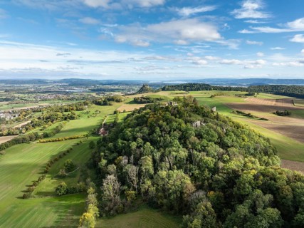 Aerial view of the Hegau volcano and the Mägdeberg castle ruins, with the Hohenkrähen and Lake
