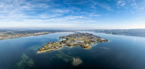 Aerial view, panorama of the island of Reichenau in Lake Constance, district of Constance,