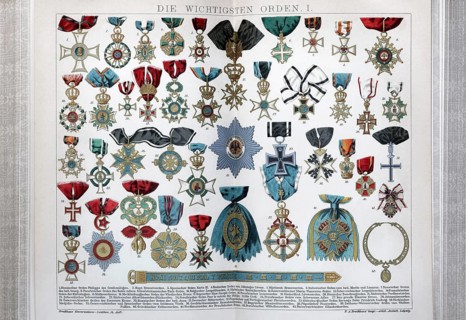 Colour plate with the most important orders in Europe in the 19th century, historical book