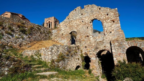 Church of Agia Sophia from the 14th century AD, Ancient ruins with stone arches and old walls in a