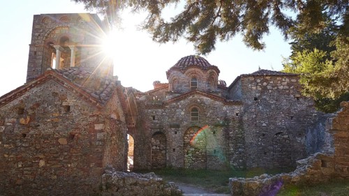 Church of Agia Sophia from the 14th century AD, sunlight shining through the windows of an old
