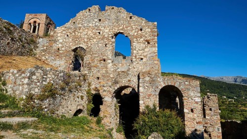 Church of Agia Sophia from the 14th century AD, view of ruins with stone walls and arches in a