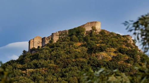 Byzantine castle of Mystras perched on a wooded hill under a blue sky, surrounded by rich