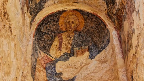 Church of Agia Sophia from the 14th century AD, fresco of Jesus as the giver of life, Mystras,