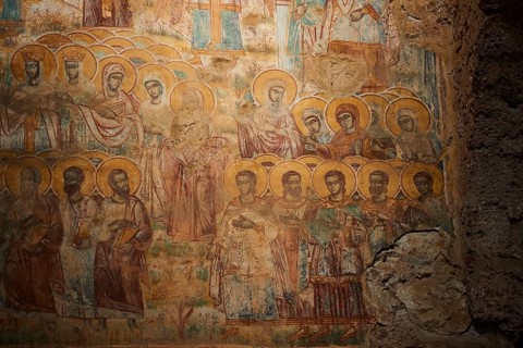 Post-Byzantine church of Agios Nikolaos from the 17th century AD, detail of a fresco with gilded