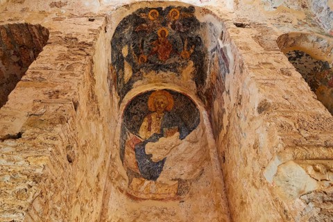 Church of Agia Sophia from the 14th century AD, Ancient frescoes on a wall depicting religious