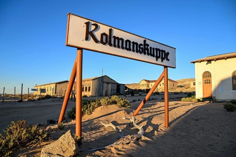 Sign Kolmanskuppe, Kolmanskuppe, near Lüderitz, Karas Region, Namibia