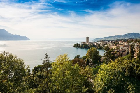 Town by the lake, Panorama, Montreux, Lake Geneva, Lac Léman, Canton Vaud, Switzerland
