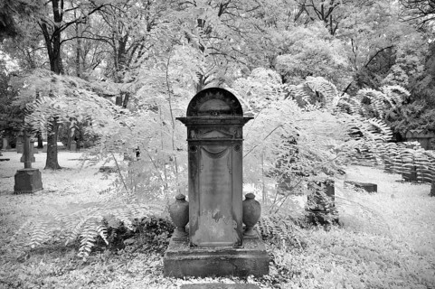 Gravestone, grave, graves, black and white, infrared image, Hoppenlauf cemetery, oldest preserved