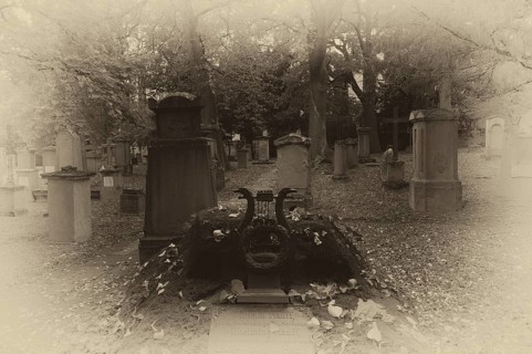 Gravestones, grave of poet and writer Wilhelm Hauff, graves, black and white, vintage, Hoppenlauf